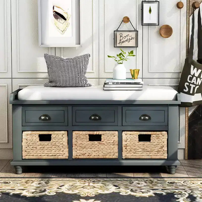 Banc de rangement rustique avec 3 tiroirs et 3 paniers en rotin-ModernLuxe