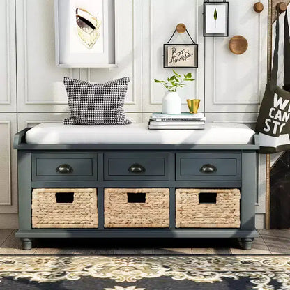 Banc de rangement rustique avec 3 tiroirs et 3 paniers en rotin-ModernLuxe