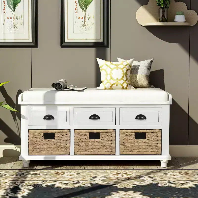 Banc de rangement rustique avec 3 tiroirs et 3 paniers en rotin-ModernLuxe
