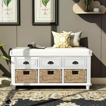 Banc de rangement rustique avec 3 tiroirs et 3 paniers en rotin-ModernLuxe
