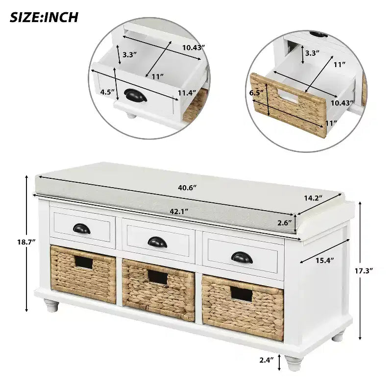 Banc de rangement rustique avec 3 tiroirs et 3 paniers en rotin-ModernLuxe