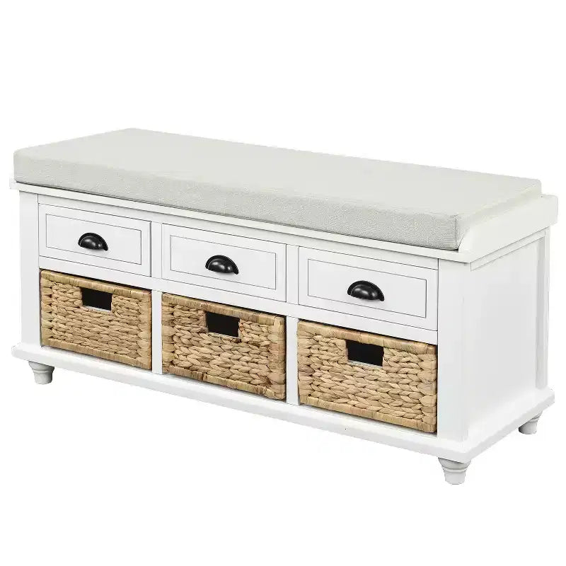 Banc de rangement rustique avec 3 tiroirs et 3 paniers en rotin-ModernLuxe