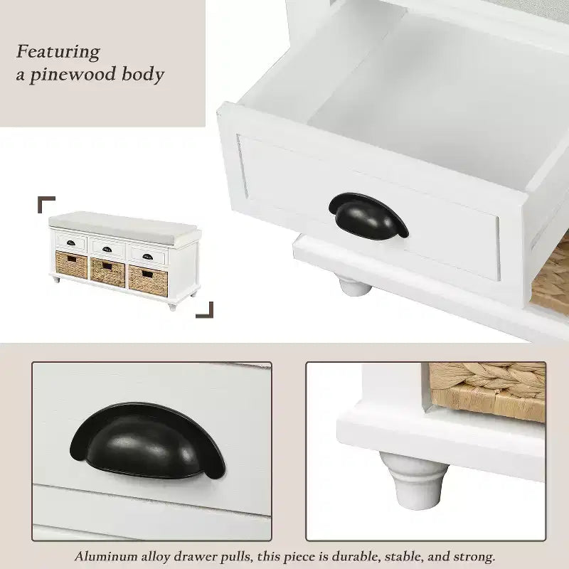 Banc de rangement rustique avec 3 tiroirs et 3 paniers en rotin-ModernLuxe