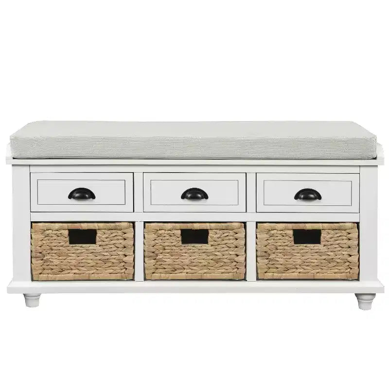 Banc de rangement rustique avec 3 tiroirs et 3 paniers en rotin-ModernLuxe