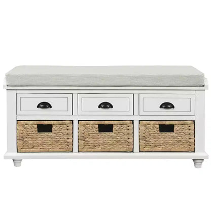 Banc de rangement rustique avec 3 tiroirs et 3 paniers en rotin-ModernLuxe
