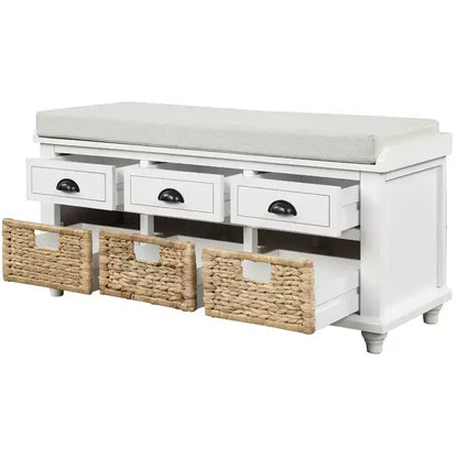 Banc de rangement rustique avec 3 tiroirs et 3 paniers en rotin-ModernLuxe