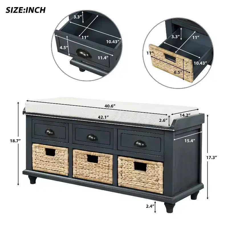 Banc de rangement rustique avec 3 tiroirs et 3 paniers en rotin-ModernLuxe
