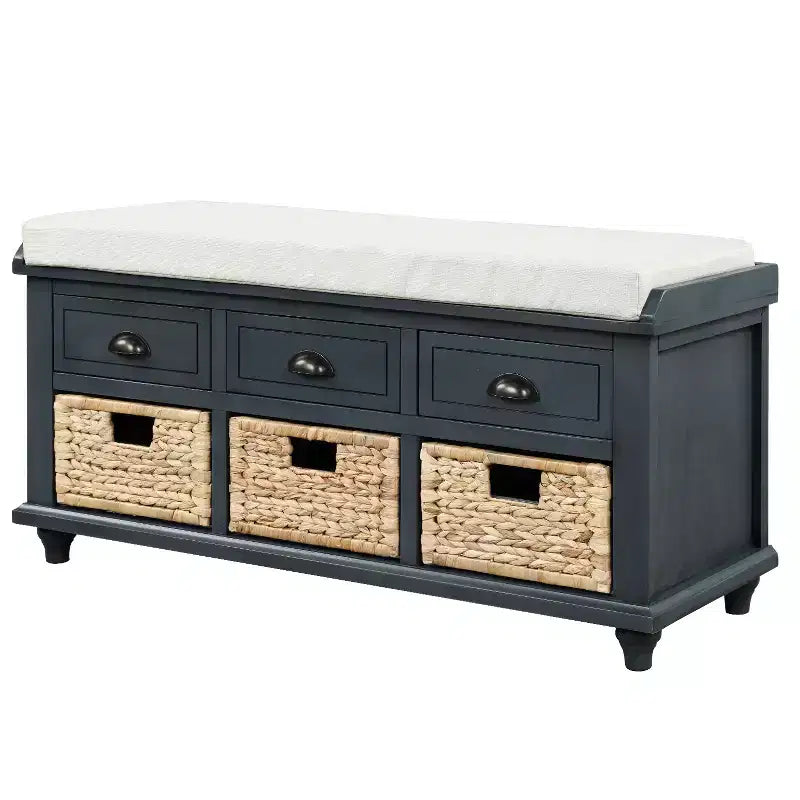 Banc de rangement rustique avec 3 tiroirs et 3 paniers en rotin-ModernLuxe