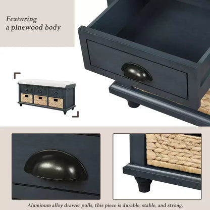 Banc de rangement rustique avec 3 tiroirs et 3 paniers en rotin-ModernLuxe