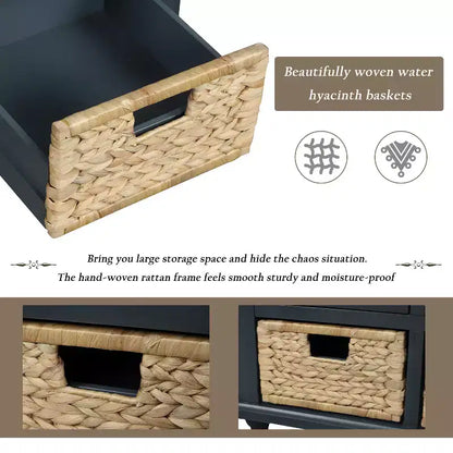 Banc de rangement rustique avec 3 tiroirs et 3 paniers en rotin-ModernLuxe