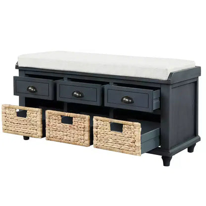 Banc de rangement rustique avec 3 tiroirs et 3 paniers en rotin-ModernLuxe