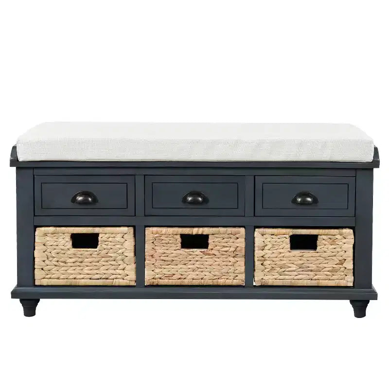 Banc de rangement rustique avec 3 tiroirs et 3 paniers en rotin-ModernLuxe