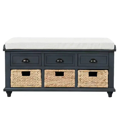 Banc de rangement rustique avec 3 tiroirs et 3 paniers en rotin-ModernLuxe