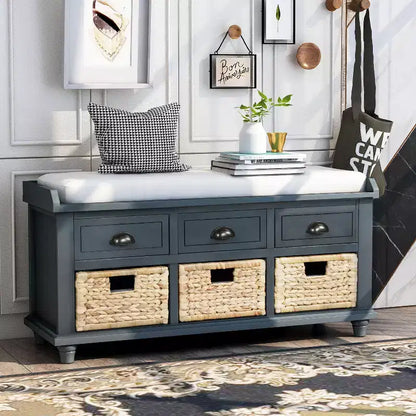 Rustic Storage Bench with 3 Drawers and 3 Rattan Baskets-ModernLuxe