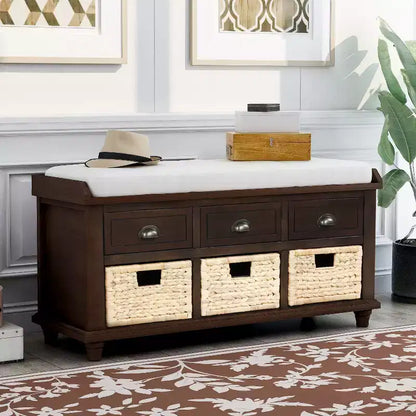 Banc de rangement rustique avec 3 tiroirs et 3 paniers en rotin-ModernLuxe