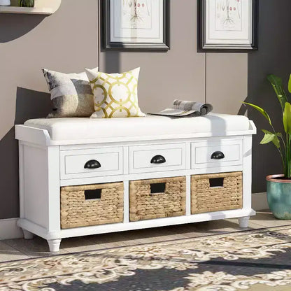 Banc de rangement rustique avec 3 tiroirs et 3 paniers en rotin-ModernLuxe