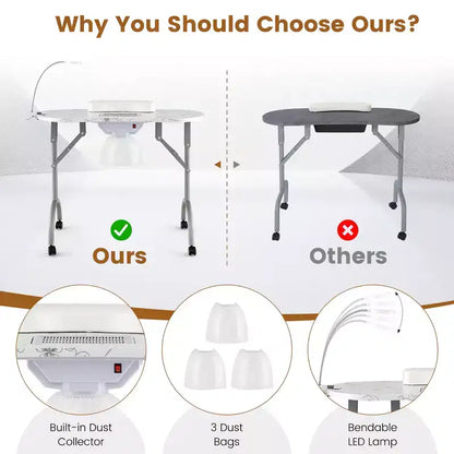 Table de manucure pliante et portable Costway avec collecteur de poussière, lampe LED et sac de transport blanc