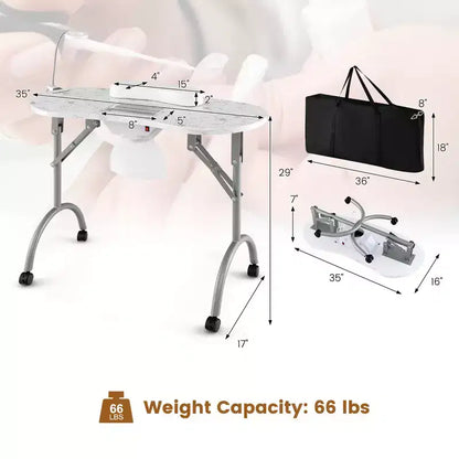 Table de manucure pliante et portable Costway avec collecteur de poussière, lampe LED et sac de transport blanc