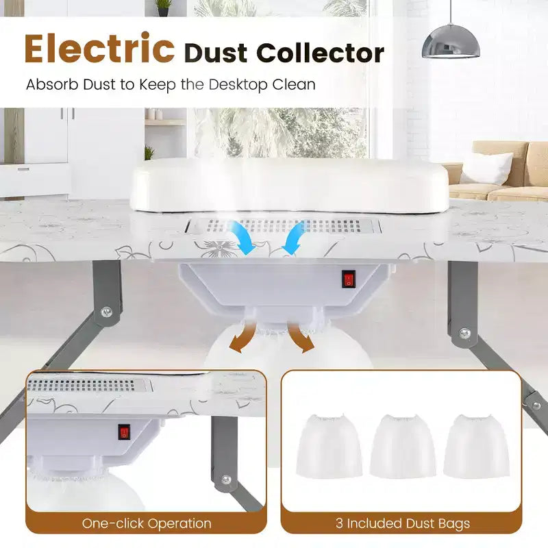 Table de manucure pliante et portable Costway avec collecteur de poussière, lampe LED et sac de transport blanc