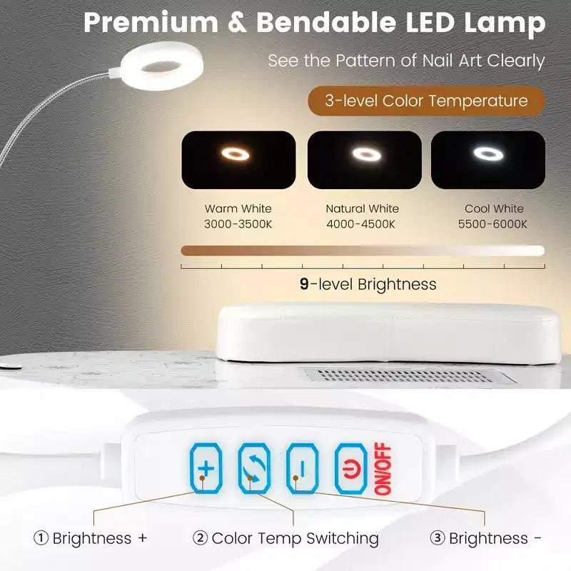 Table de manucure pliante et portable Costway avec collecteur de poussière, lampe LED et sac de transport blanc