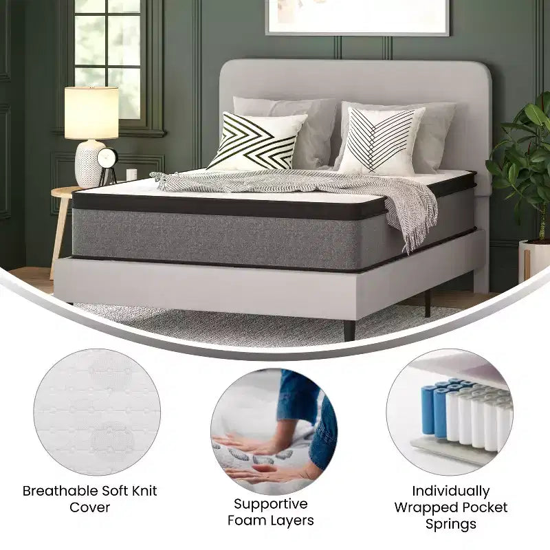 Matelas hybride à ressorts ensachés 13 Euro Top Emma and Oliver en boîte avec mousse certifiée CertiPUR-US pour un soulagement de la pression et un soutien efficaces