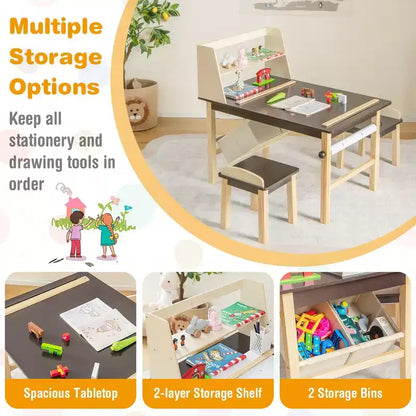 Costway Table et Chaises pour Enfants Bureau de Dessin en Bois avec Rouleau de Papier Étagère de Rangement Bacs