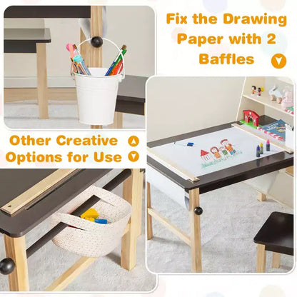 Costway Table et Chaises pour Enfants Bureau de Dessin en Bois avec Rouleau de Papier Étagère de Rangement Bacs