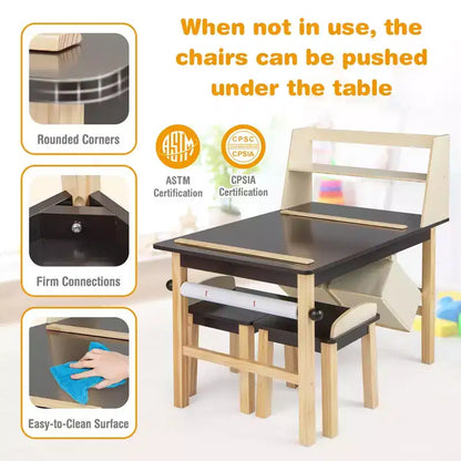 Costway Table et Chaises pour Enfants Bureau de Dessin en Bois avec Rouleau de Papier Étagère de Rangement Bacs