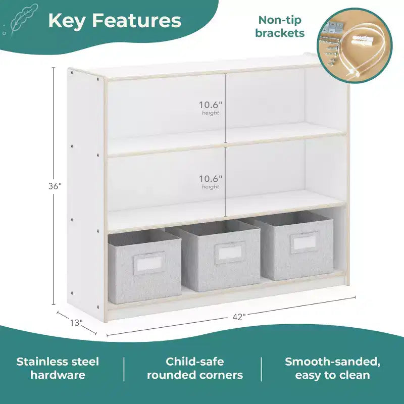Guidecraft EdQ 36 – Étagère de rangement ouverte à 3 niveaux : Étagère en bois pour enfants avec étagères et bacs de rangement pour la salle de classe et l'école à la maison