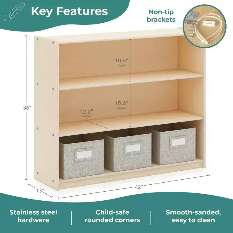 Guidecraft EdQ 36 – Étagère de rangement ouverte à 3 niveaux : Étagère en bois pour enfants avec étagères et bacs de rangement pour la salle de classe et l'école à la maison