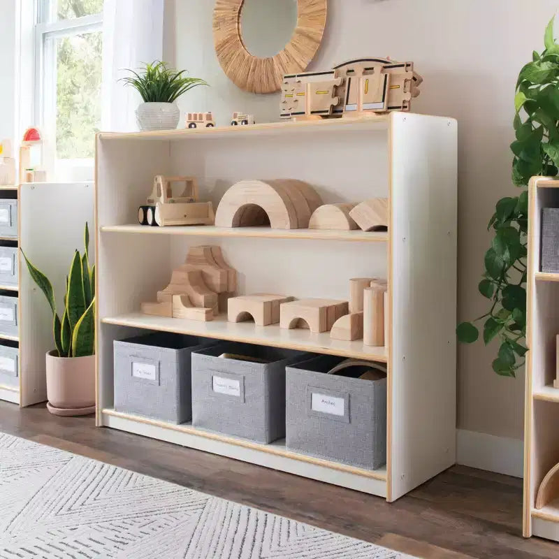 Guidecraft EdQ 36 – Étagère de rangement ouverte à 3 niveaux : Étagère en bois pour enfants avec étagères et bacs de rangement pour la salle de classe et l'école à la maison