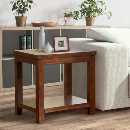 Table d'appoint de style transitionnel en bois massif couleur cerisier de 24 pouces avec 1 étagère