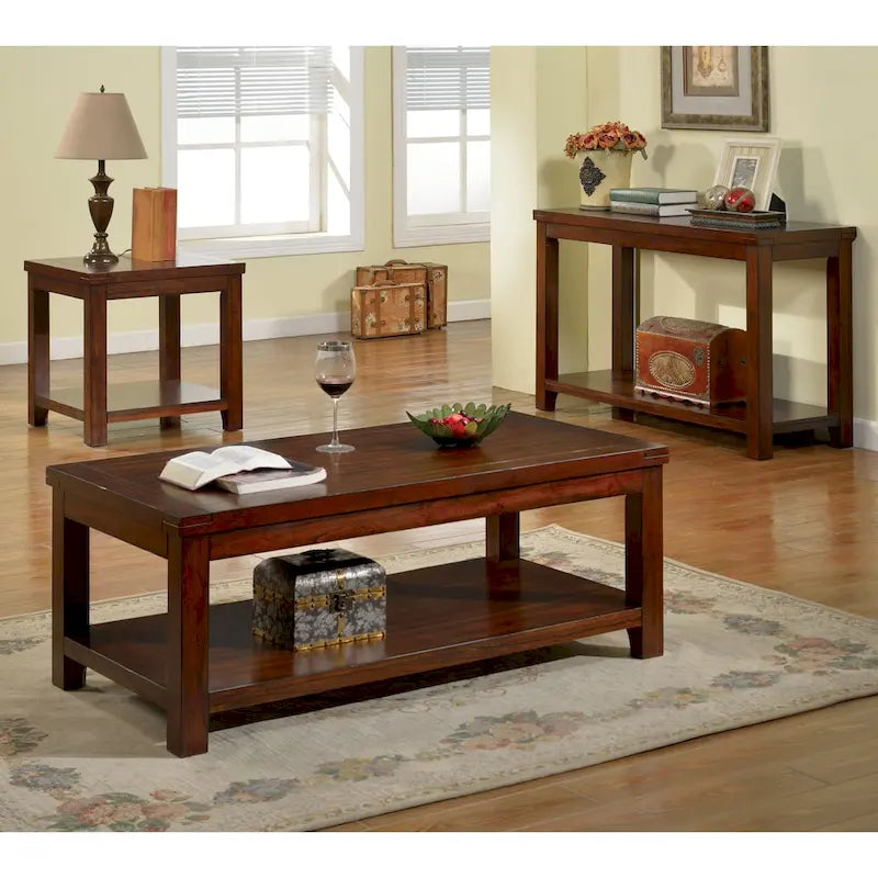 Table d'appoint de style transitionnel en bois massif couleur cerisier de 24 pouces avec 1 étagère