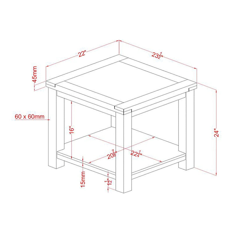 Table d'appoint de style transitionnel en bois massif couleur cerisier de 24 pouces avec 1 étagère