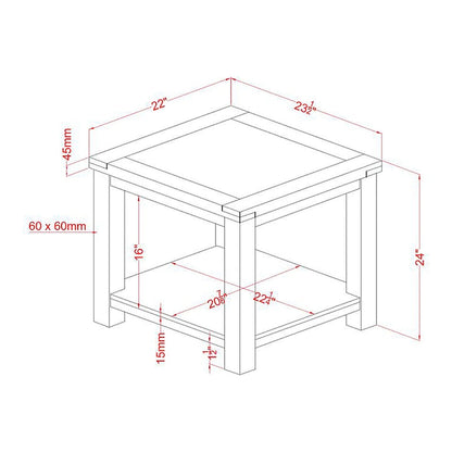 Table d'appoint de style transitionnel en bois massif couleur cerisier de 24 pouces avec 1 étagère