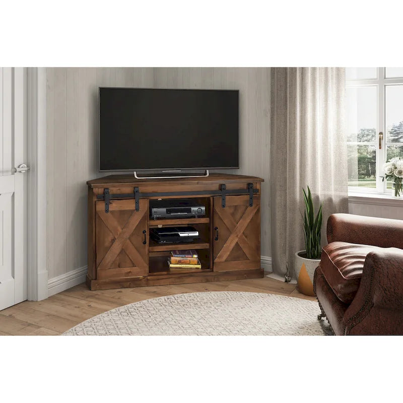 Meuble TV d'angle de ferme de 142 cm pour téléviseurs jusqu'à 152 cm, aucun assemblage requis, finition whisky vieilli