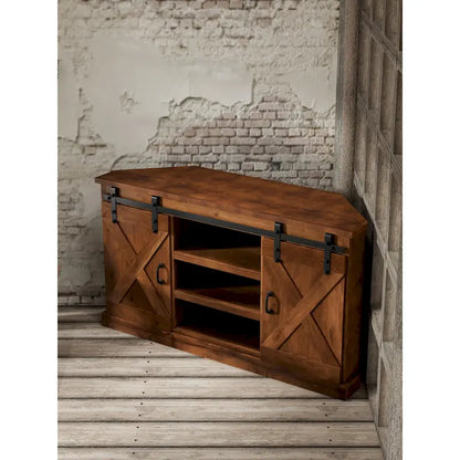 Meuble TV d'angle de ferme de 142 cm pour téléviseurs jusqu'à 152 cm, aucun assemblage requis, finition whisky vieilli