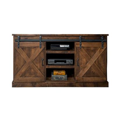 Meuble TV d'angle de ferme de 142 cm pour téléviseurs jusqu'à 152 cm, aucun assemblage requis, finition whisky vieilli