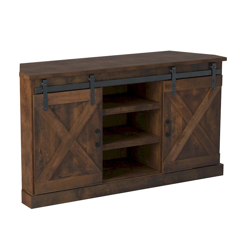 Meuble TV d'angle de ferme de 142 cm pour téléviseurs jusqu'à 152 cm, aucun assemblage requis, finition whisky vieilli