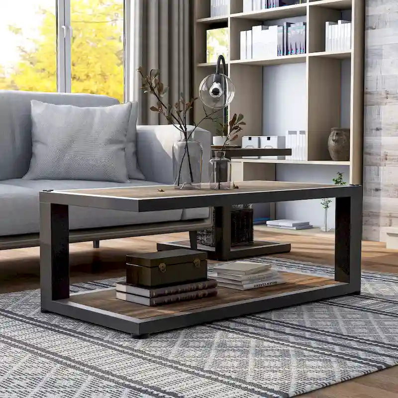 Table basse Farrow en noyer foncé et noir sable de 119 cm avec 1 étagère, par Furniture of America