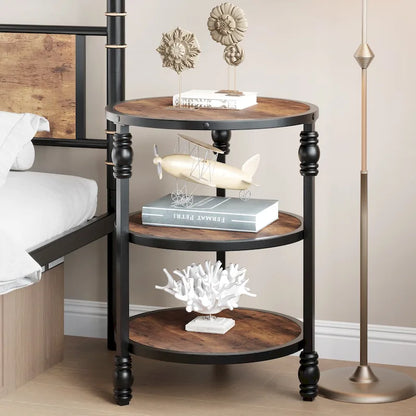 Table d'appoint ronde avec étagère de rangement et cadre métallique de style industriel