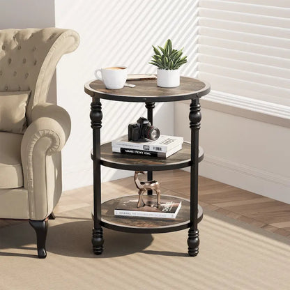 Table d'appoint ronde avec étagère de rangement et cadre métallique de style industriel