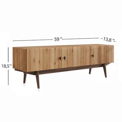Meuble TV marron — Accueille les téléviseurs jusqu'à 65 pouces, avec un design à lattes et des pieds en bois massif.