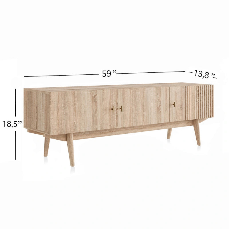 Meuble TV marron — Accueille les téléviseurs jusqu'à 65 pouces, avec un design à lattes et des pieds en bois massif.