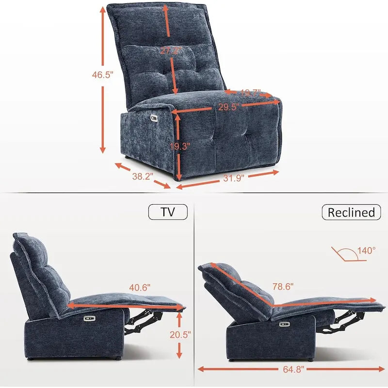 Fauteuil inclinable électrique sans accoudoirs (avec port USB) — Un fauteuil inclinable électrique de salon ne nécessitant que 3,5 pouces de dégagement mural
