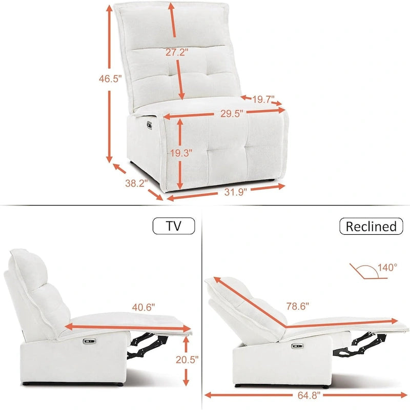 Fauteuil inclinable électrique sans accoudoirs (avec port USB) — Un fauteuil inclinable électrique de salon ne nécessitant que 3,5 pouces de dégagement mural