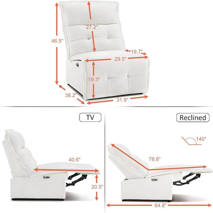 Fauteuil inclinable électrique sans accoudoirs (avec port USB) — Un fauteuil inclinable électrique de salon ne nécessitant que 3,5 pouces de dégagement mural