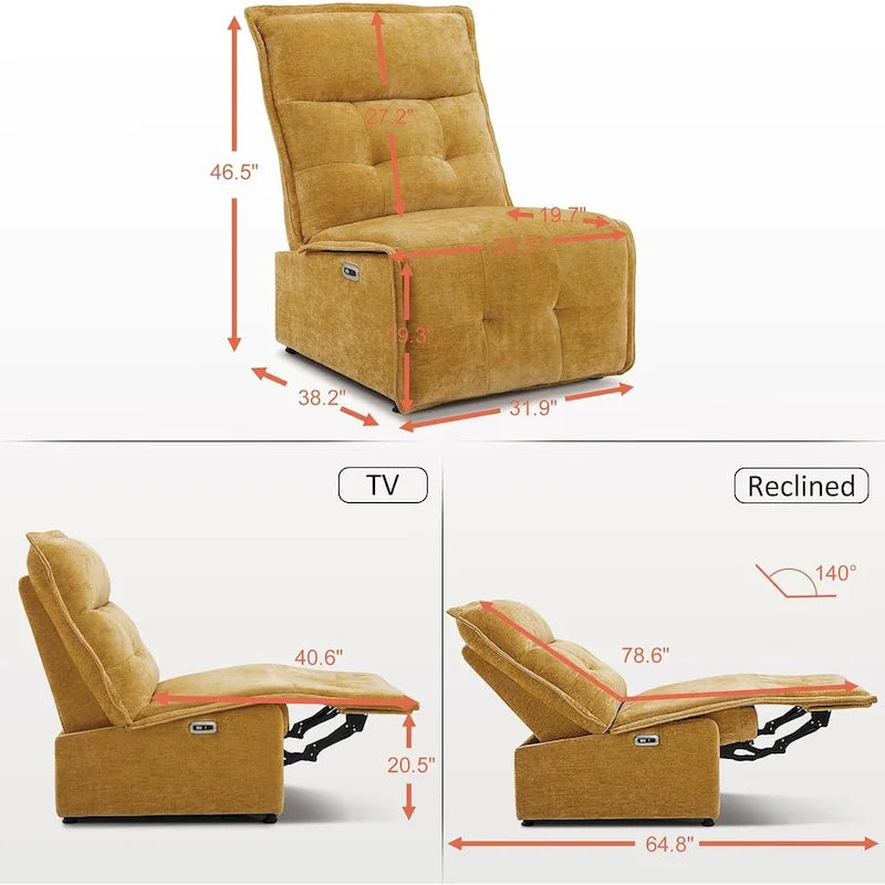 Fauteuil inclinable électrique sans accoudoirs (avec port USB) — Un fauteuil inclinable électrique de salon ne nécessitant que 3,5 pouces de dégagement mural