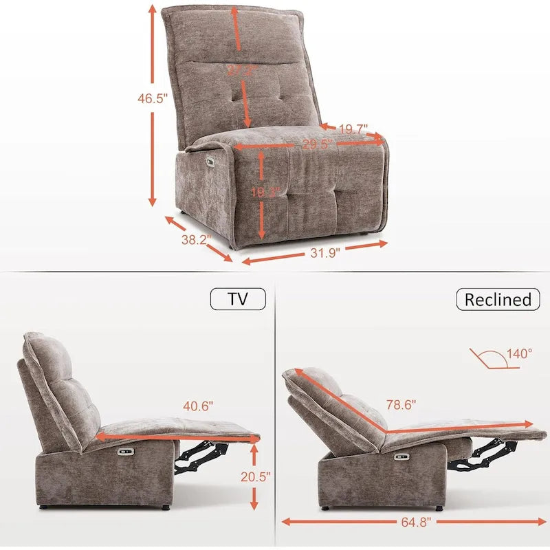 Fauteuil inclinable électrique sans accoudoirs (avec port USB) — Un fauteuil inclinable électrique de salon ne nécessitant que 3,5 pouces de dégagement mural