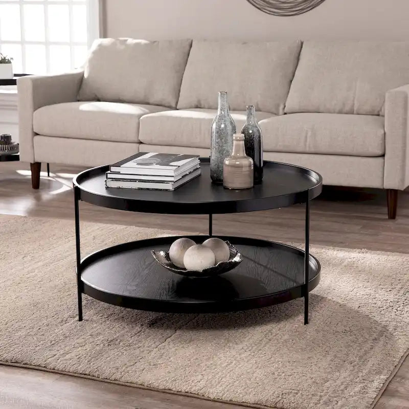 Table basse à deux niveaux ronde en bois au design moderne du milieu du siècle